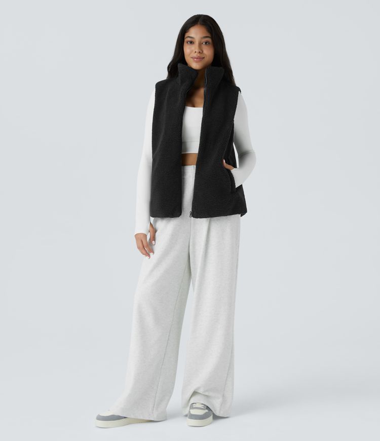 High Neck Zipper Side Pocket Casual Sherpa Vest