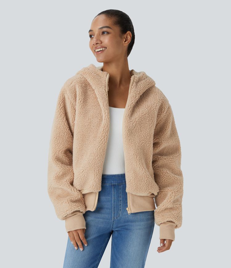 Hooded Long Sleeve Zipper Pocket Contrast Ribbed Relaxed Casual Sherpa Jacket