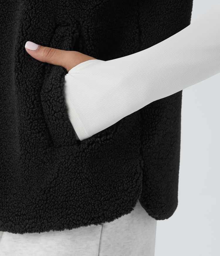 High Neck Zipper Side Pocket Casual Sherpa Vest