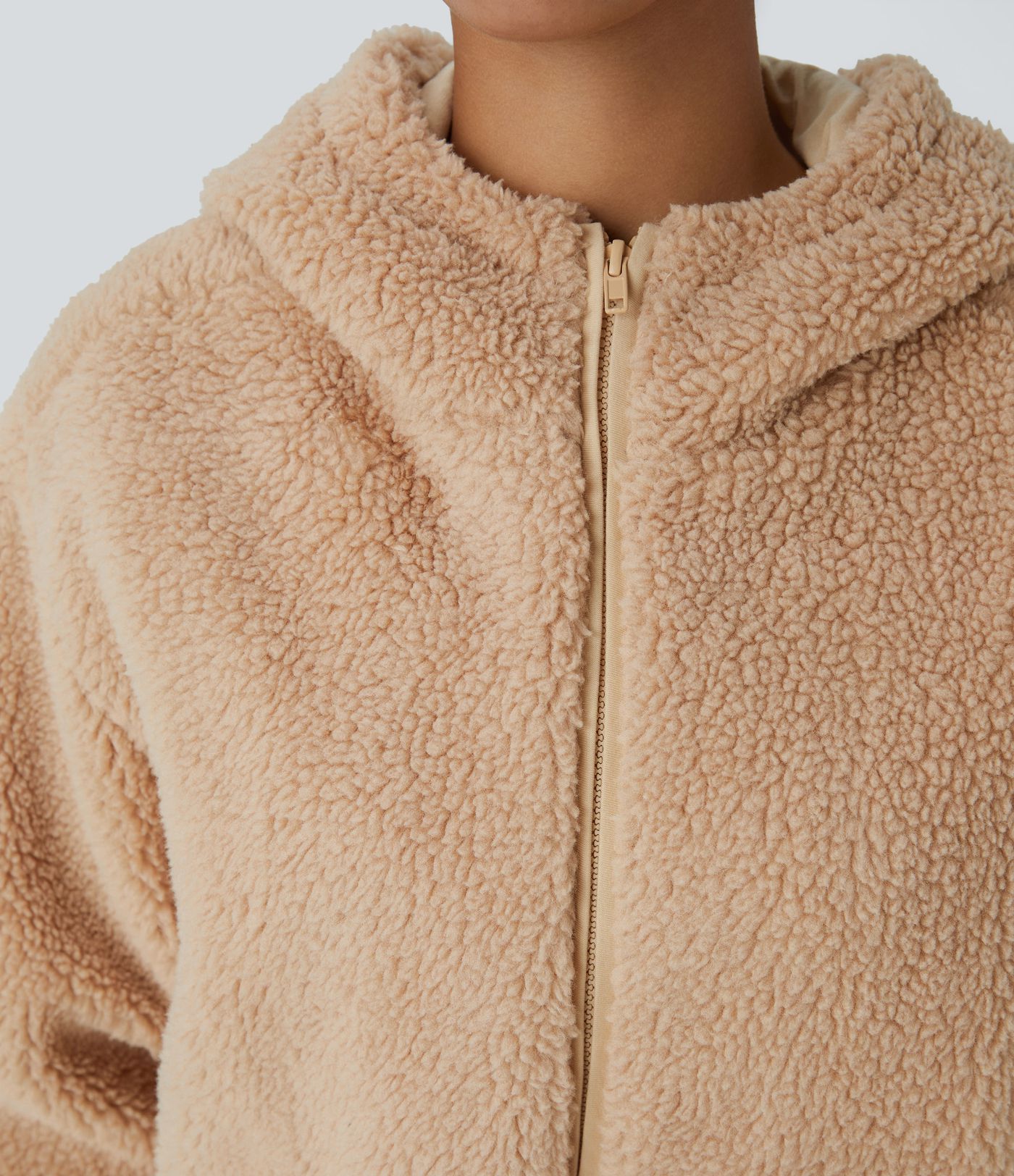 Hooded Long Sleeve Zipper Pocket Contrast Ribbed Relaxed Casual Sherpa Jacket