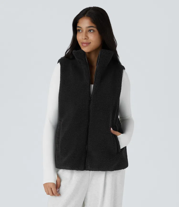 High Neck Zipper Pocket Casual Sherpa Vest