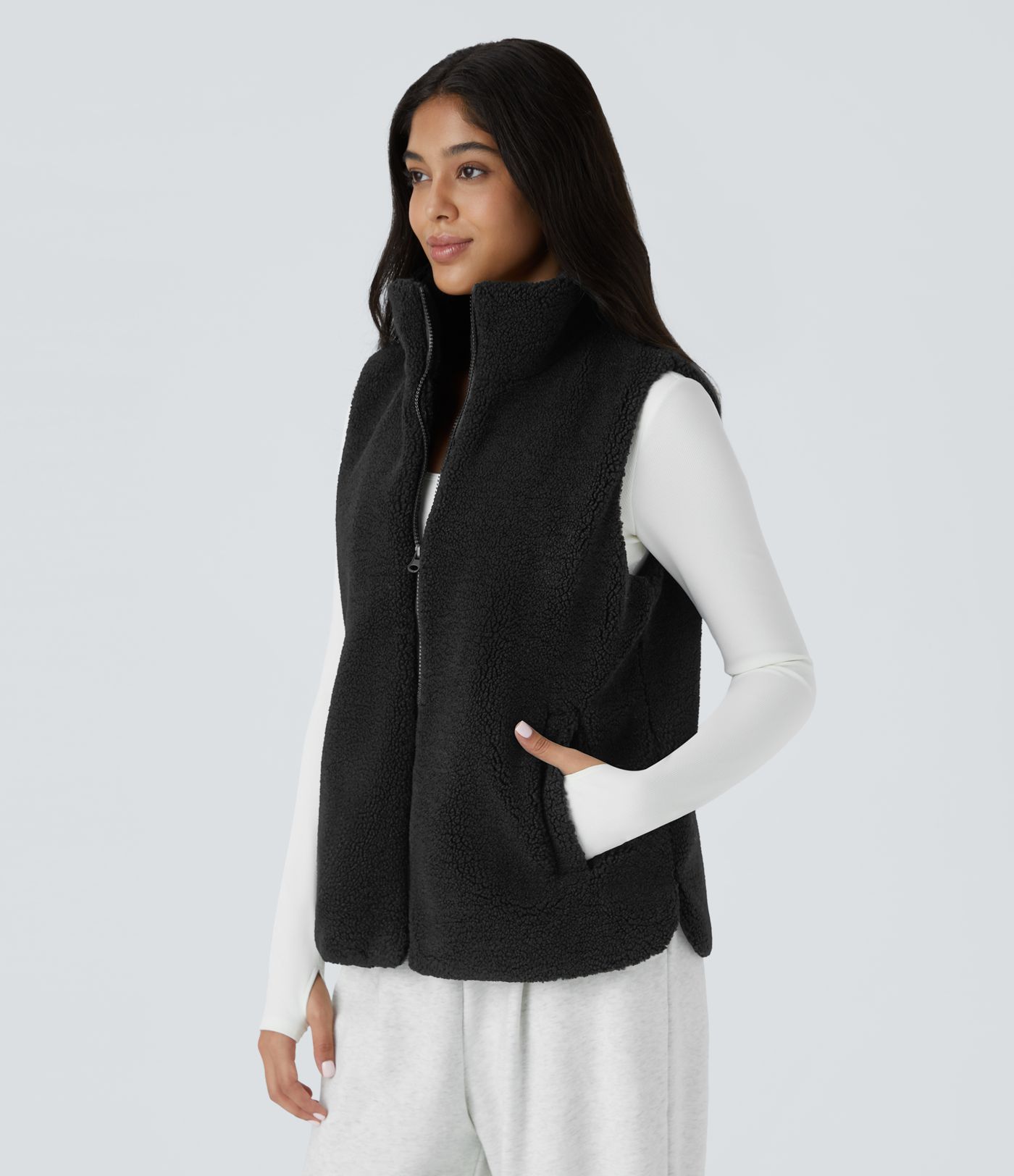 High Neck Zipper Pocket Casual Sherpa Vest