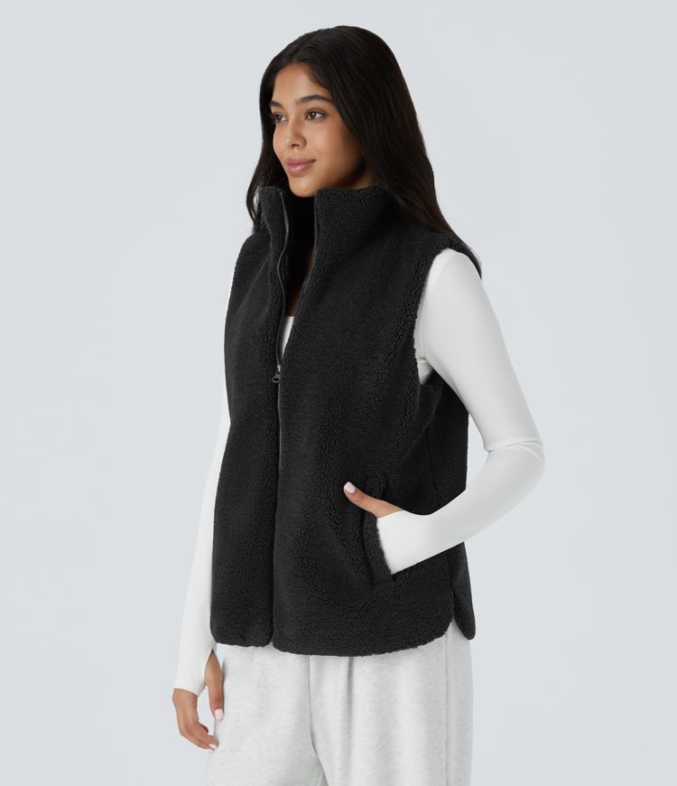 High Neck Zipper Side Pocket Casual Sherpa Vest