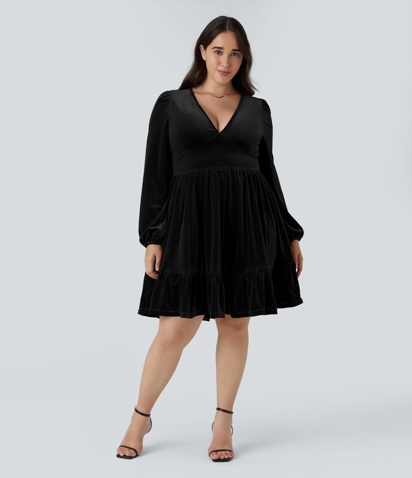 Everyday Deep V Neck Long Sleeve Ruffled Hem Velvet Plus Size Mini Chill Dress