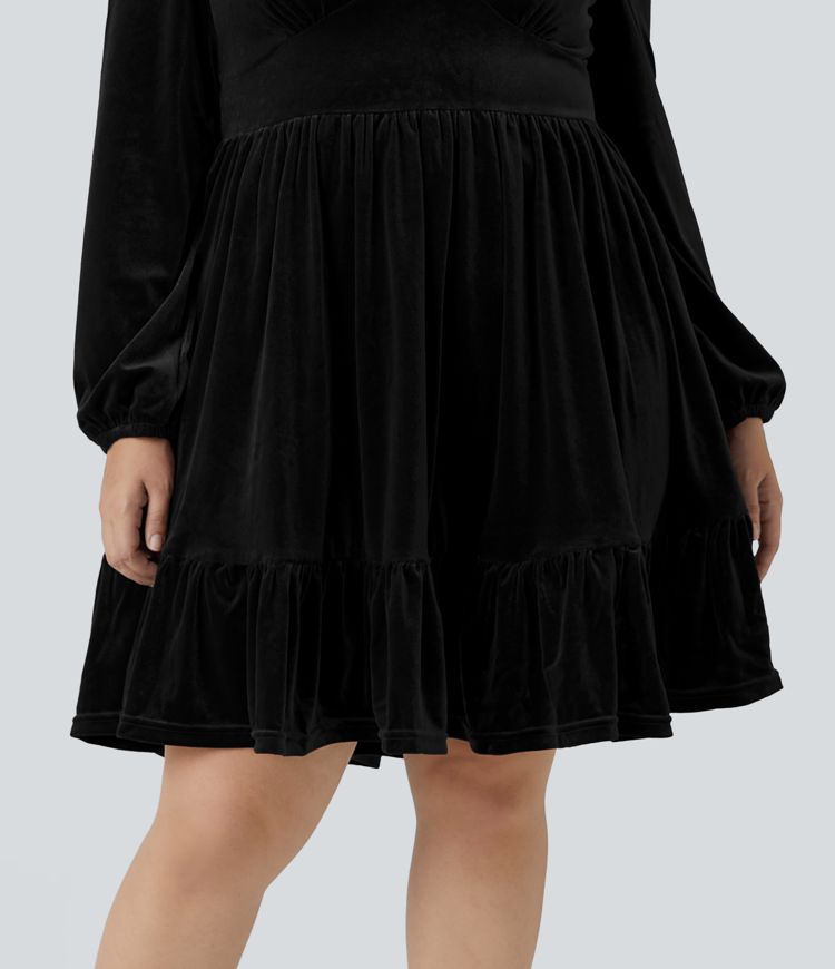 Everyday Deep V Neck Long Sleeve Ruffled Hem Velvet Plus Size Mini Chill Dress