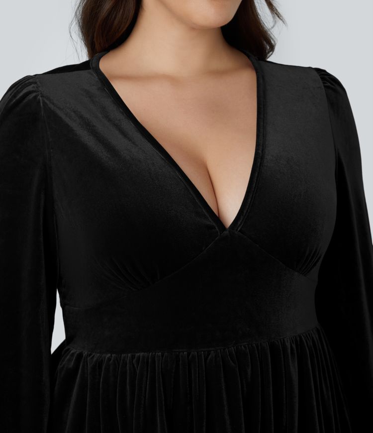 Everyday Deep V Neck Long Sleeve Ruffled Hem Velvet Plus Size Mini Chill Dress