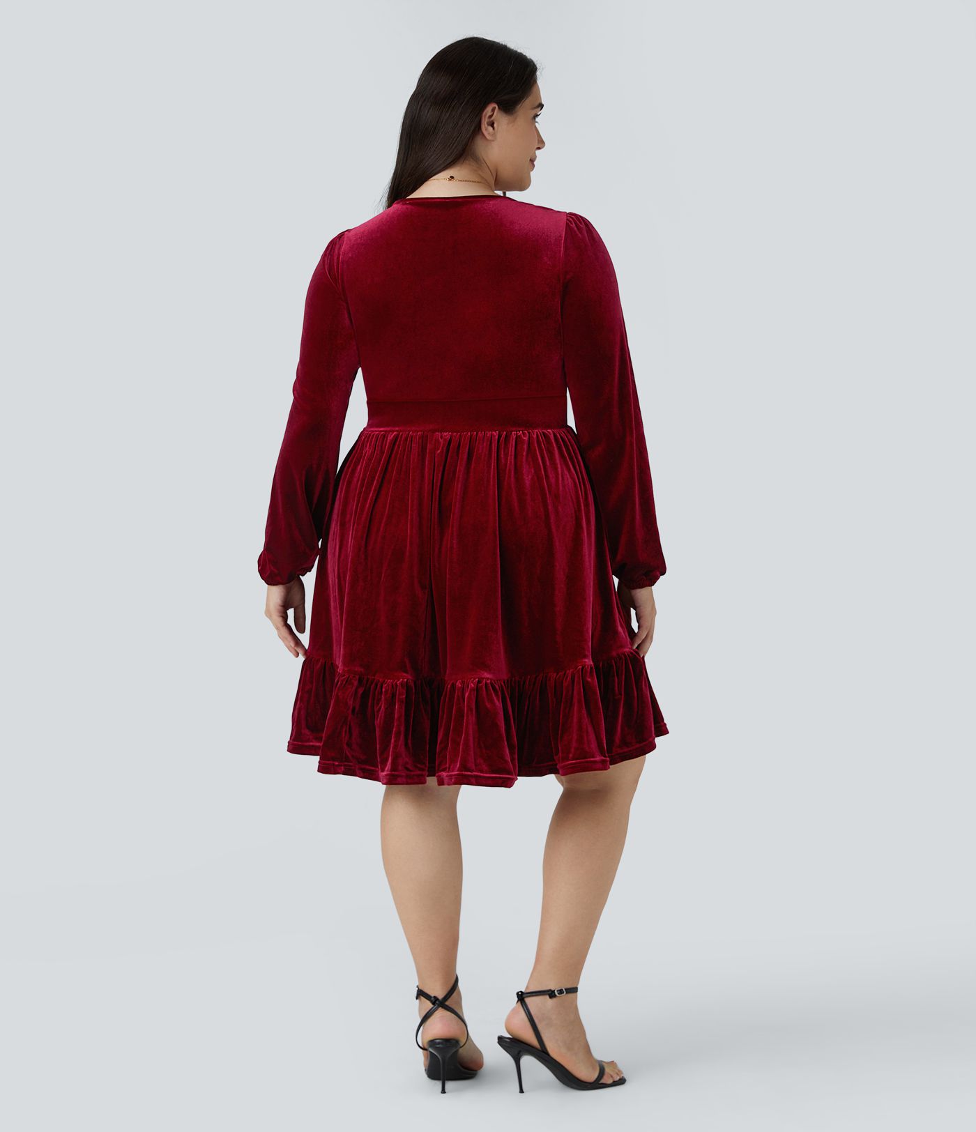 Vestido mini casual de cuello en V profundo, manga larga, dobladillo con volantes, terciopelo, tallas grandes