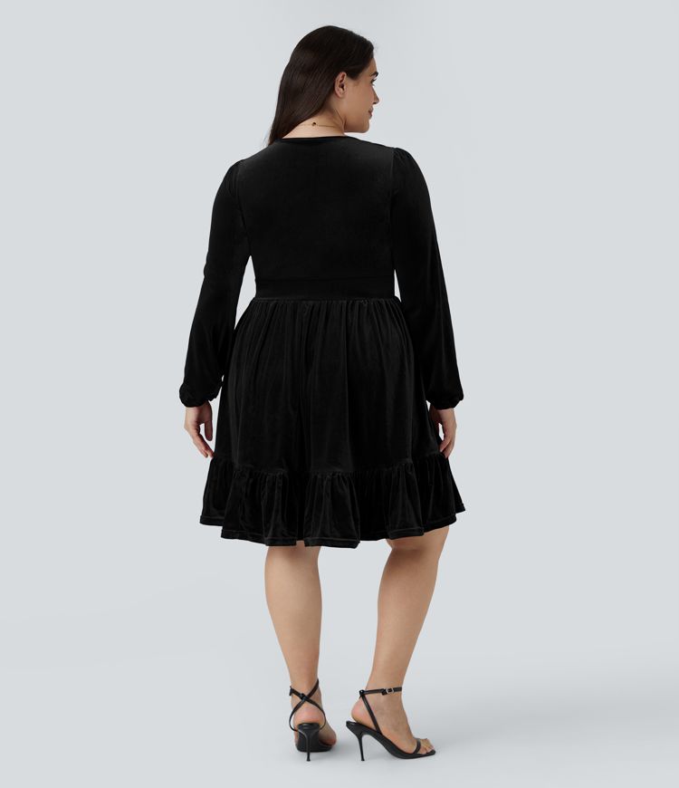 Everyday Deep V Neck Long Sleeve Ruffled Hem Velvet Plus Size Mini Chill Dress