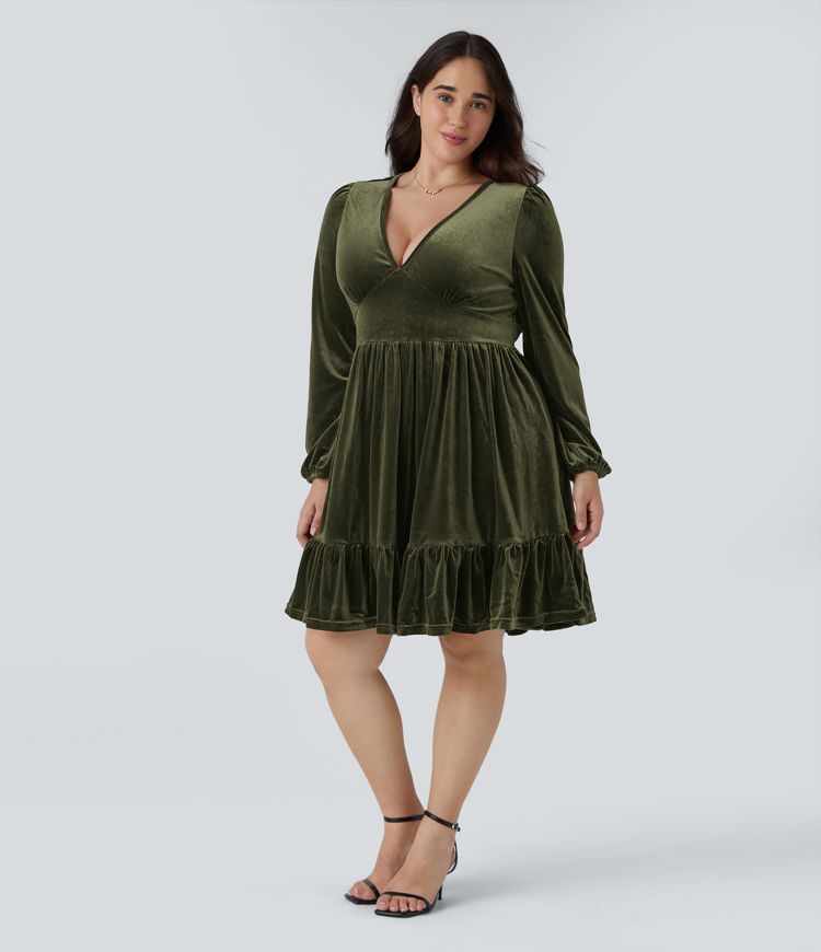 Everyday Deep V Neck Long Sleeve Ruffled Hem Velvet Plus Size Mini Chill Dress