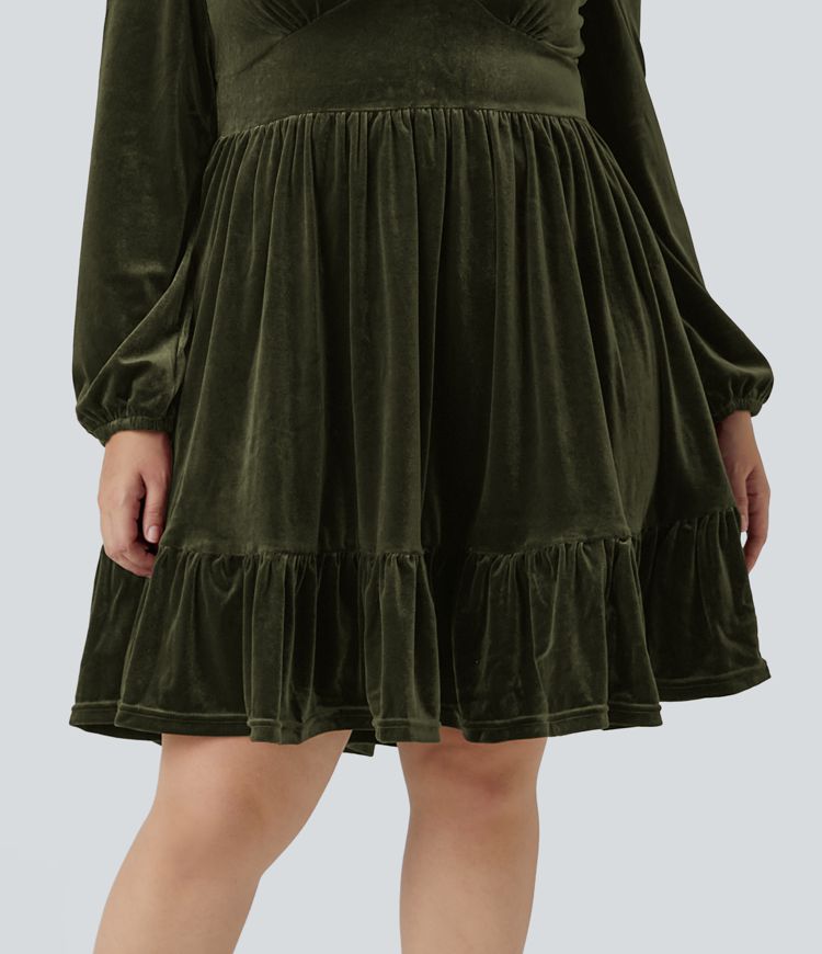 Everyday Deep V Neck Long Sleeve Ruffled Hem Velvet Plus Size Mini Chill Dress