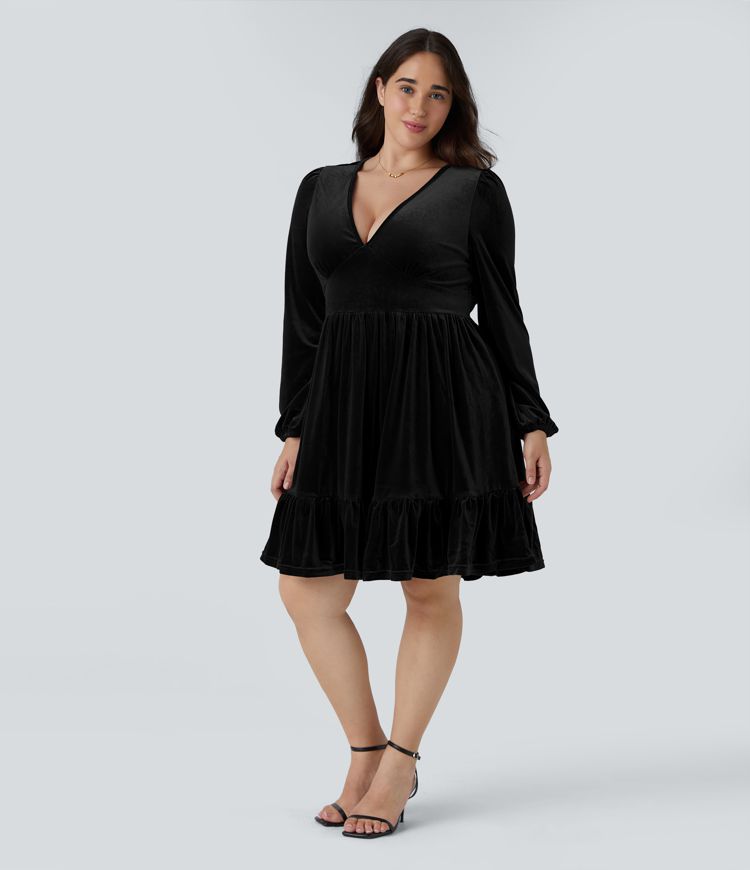 Everyday Deep V Neck Long Sleeve Ruffled Hem Velvet Plus Size Mini Chill Dress