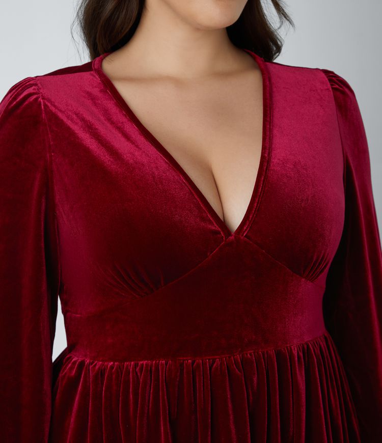 Everyday Deep V Neck Long Sleeve Ruffled Hem Velvet Plus Size Mini Chill Dress