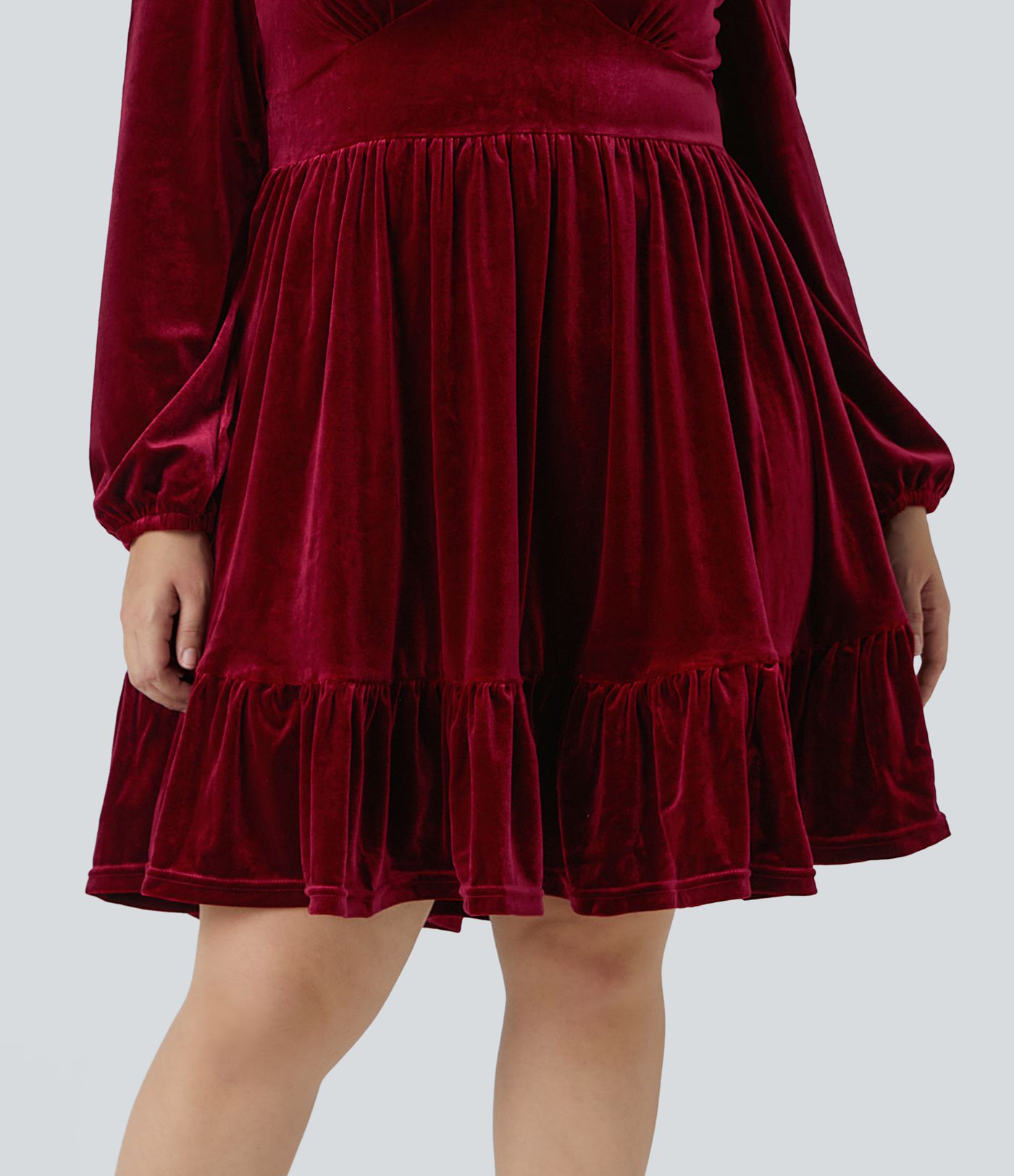 Vestido mini casual de cuello en V profundo, manga larga, dobladillo con volantes, terciopelo, tallas grandes