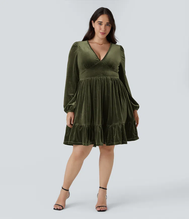 Everyday Deep V Neck Long Sleeve Ruffled Hem Velvet Plus Size Mini Chill Dress