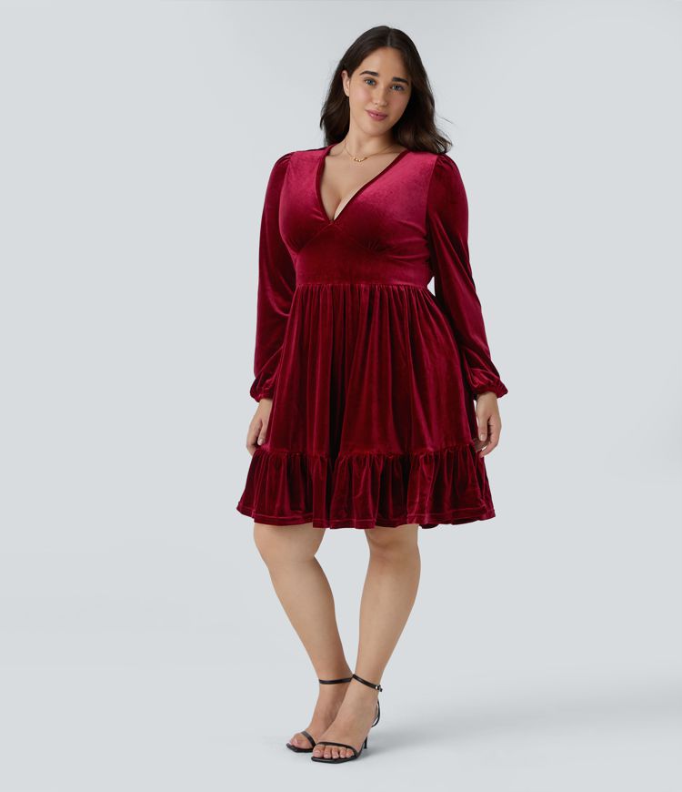 Everyday Deep V Neck Long Sleeve Ruffled Hem Velvet Plus Size Mini Chill Dress