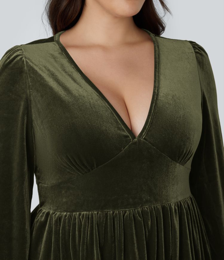 Everyday Deep V Neck Long Sleeve Ruffled Hem Velvet Plus Size Mini Chill Dress