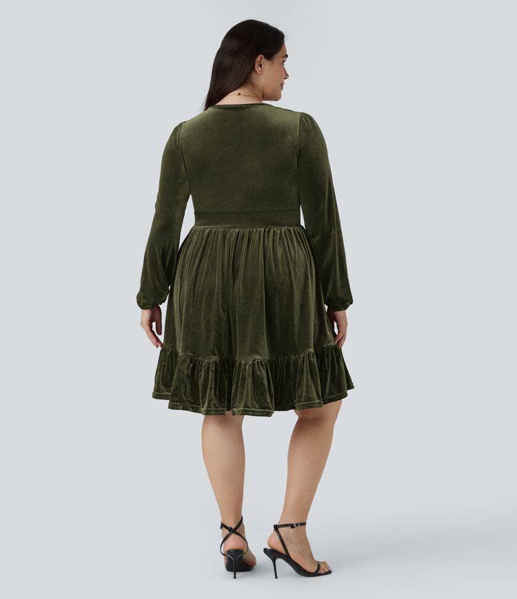 Everyday Deep V Neck Long Sleeve Ruffled Hem Velvet Plus Size Mini Chill Dress