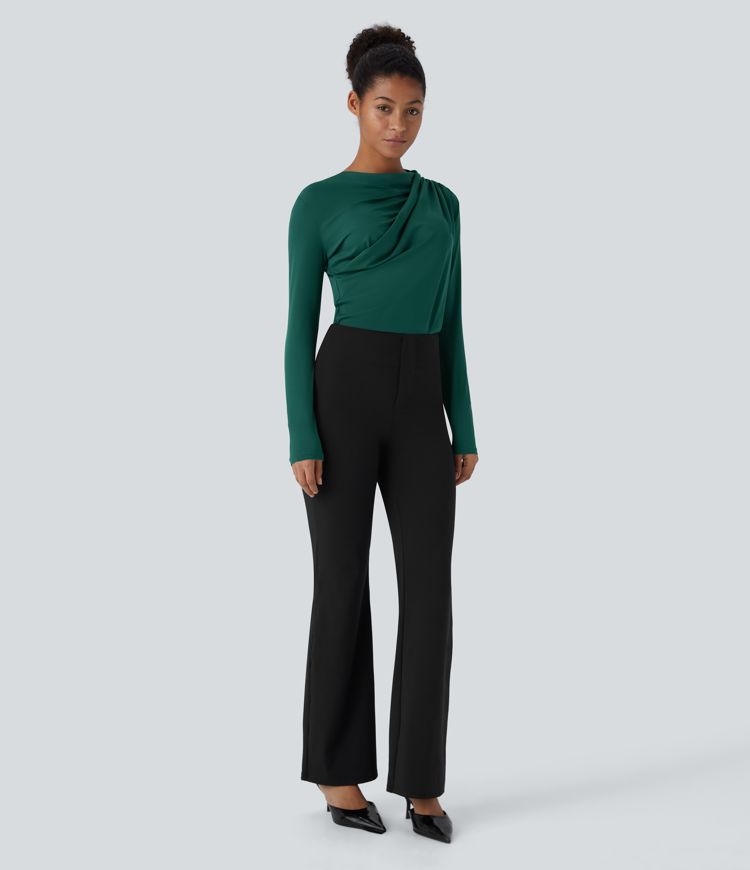 Cowl Neck Ruched Long Sleeve Slim Work Top