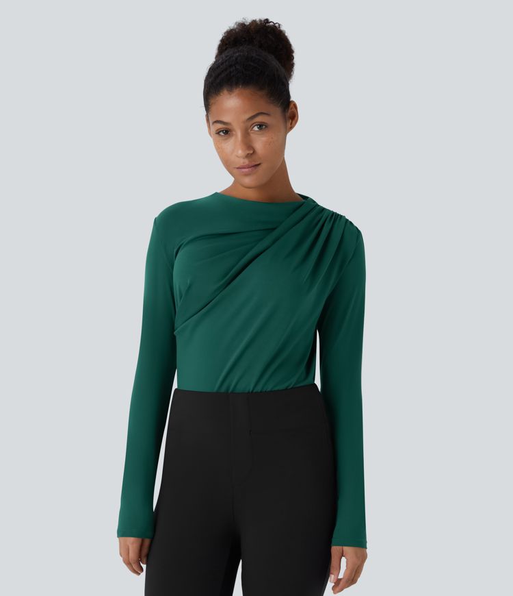 Cowl Neck Ruched Long Sleeve Slim Work Top