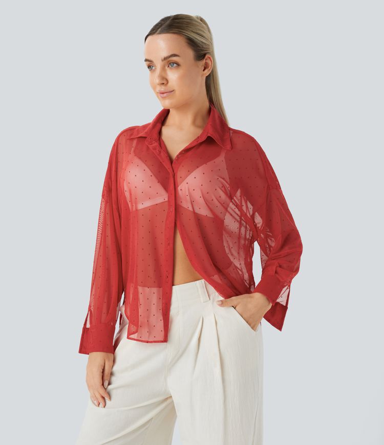 High Low Curved Hem Sheer Mesh Oversize Casual Shirt