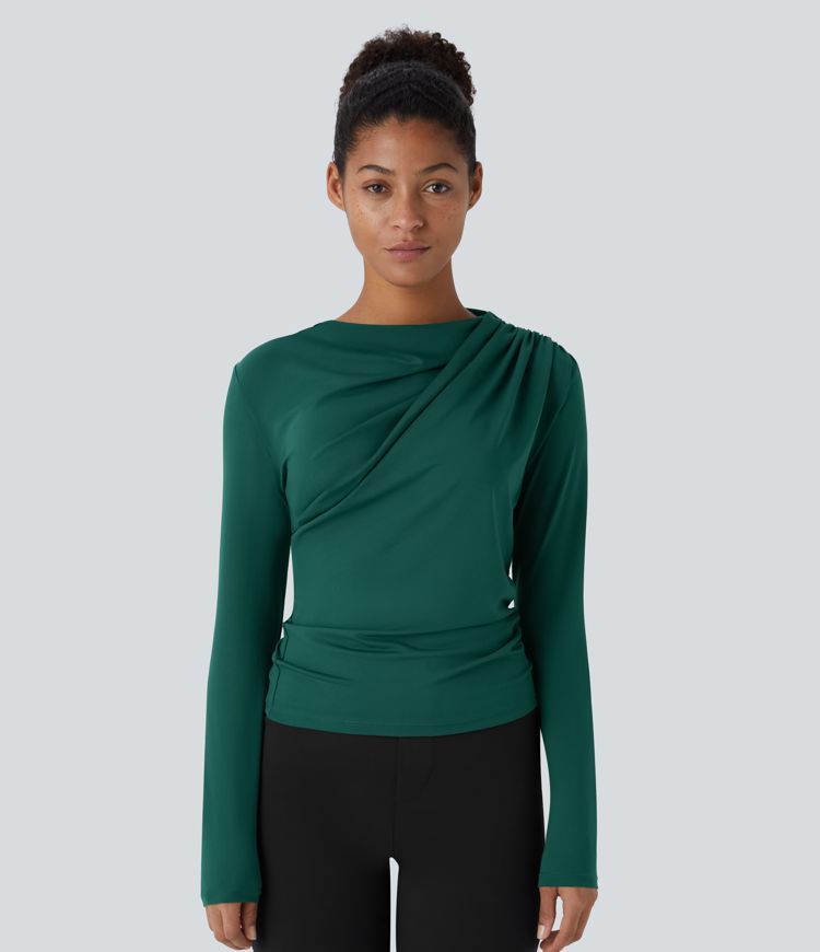 Cowl Neck Ruched Long Sleeve Slim Work Top