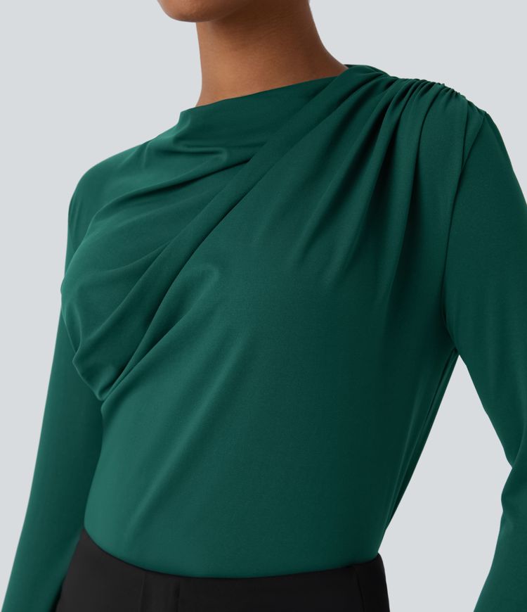 Cowl Neck Ruched Long Sleeve Slim Work Top