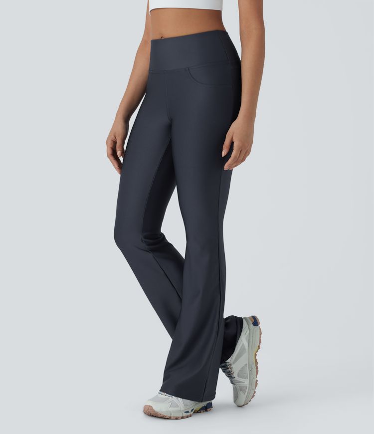 Mid Rise Sheen Flare Yoga Leggings with Pockets