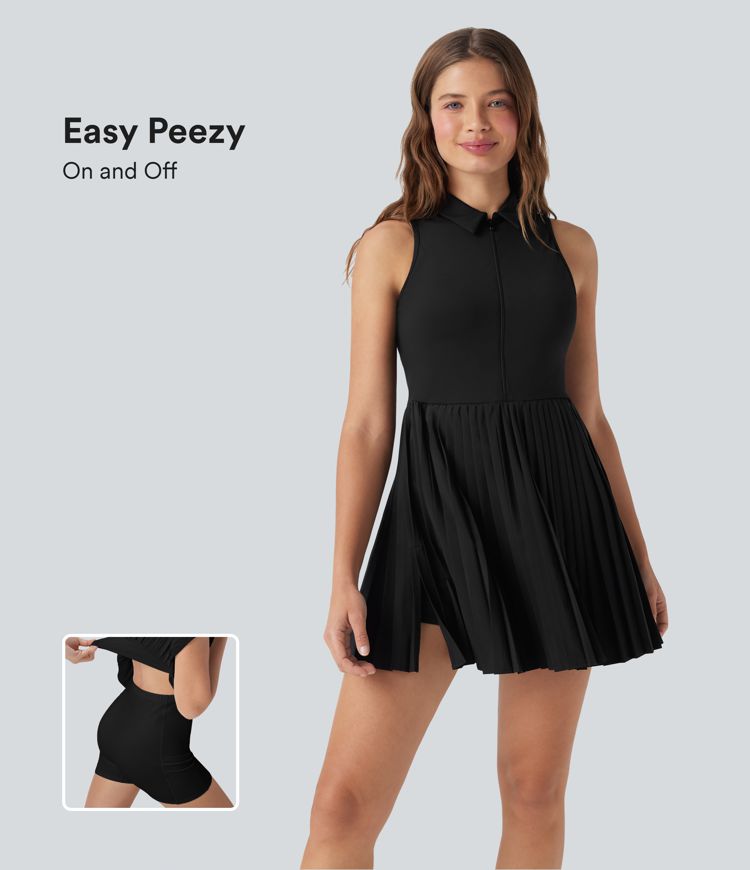 Breezeful™ Half Zipper Sleeveless 2-in-1 Pleated Hem Mini Quick Dry Tennis Active Dress with Pockets-Easy Peezy