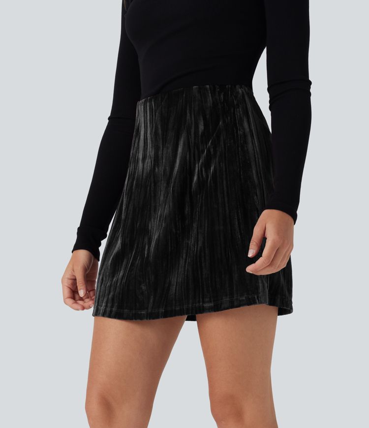 High Waisted Tummy Control 2-in-1 A Line Velvet Mini Casual Skirt
