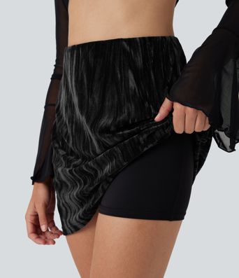 High Waisted Tummy Control 2-in-1 A Line Velvet Mini Casual Skirt