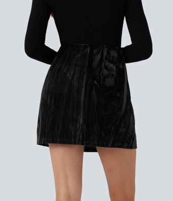High Waisted Tummy Control 2-in-1 A Line Velvet Mini Casual Skirt