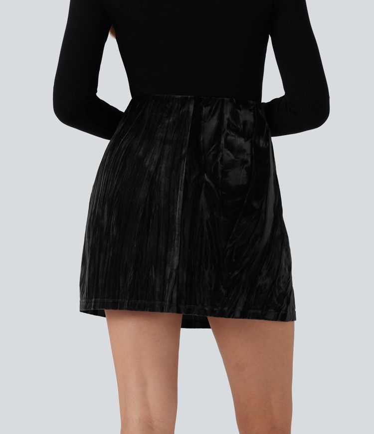 High Waisted Tummy Control 2-in-1 A Line Velvet Mini Casual Skirt