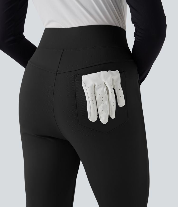 High Waisted Pockets Quick Dry Golf Flare Trousers-Golf Tee Pocket-UPF40+