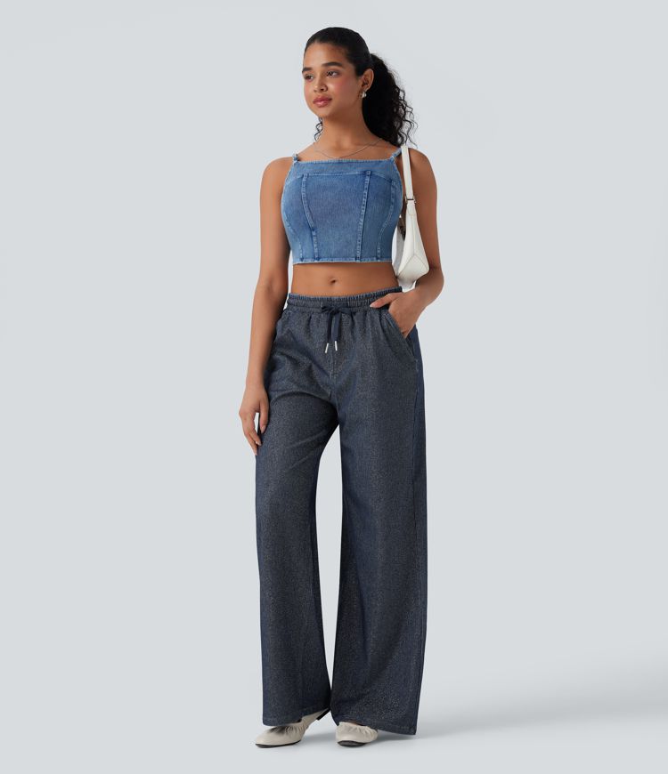 Halara Flex™ Low Rise Drawstring Wide Leg Metallic Casual Sweatpants Jeans with Pockets