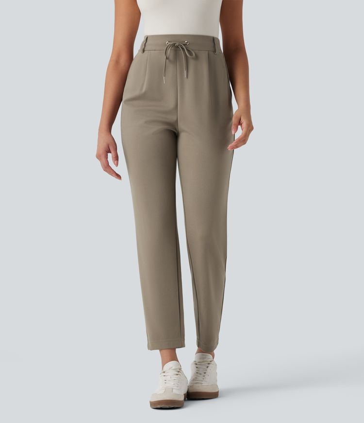 High Waisted Drawstring Tapered Casual Pants with Pockets