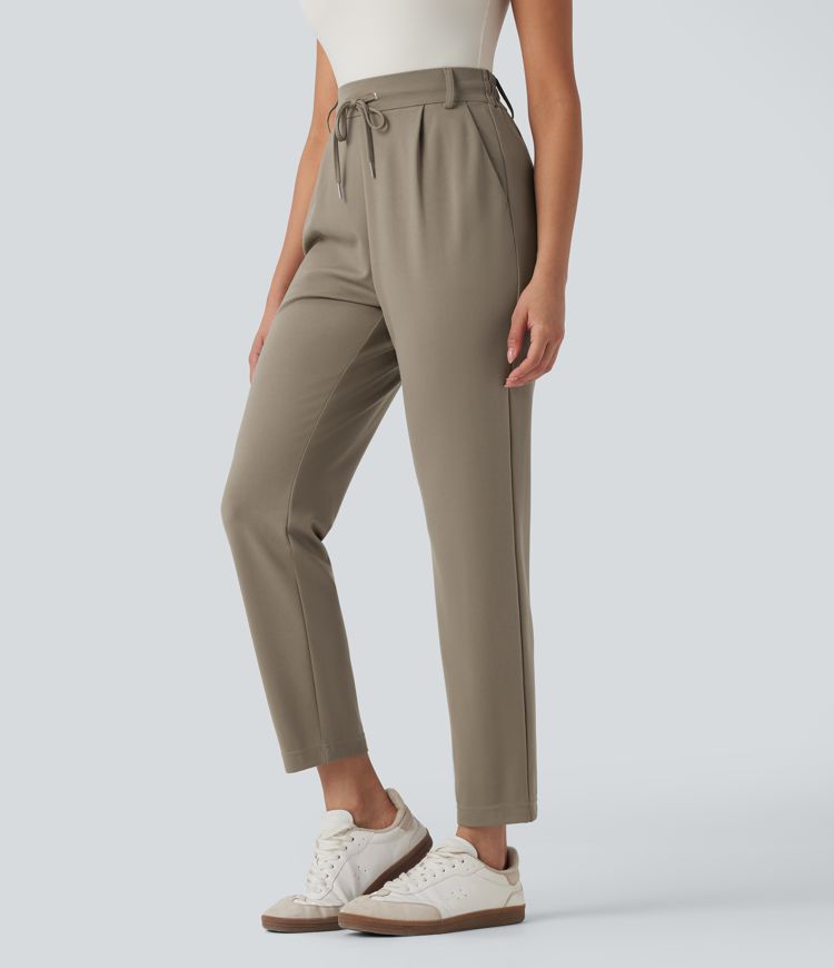 High Waisted Drawstring Tapered Casual Pants with Pockets