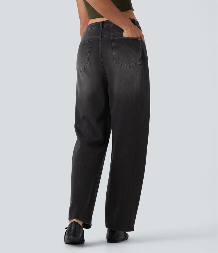 Halara Flex™ High Waisted Washed Casual Barrel Leg Jeans with Pockets