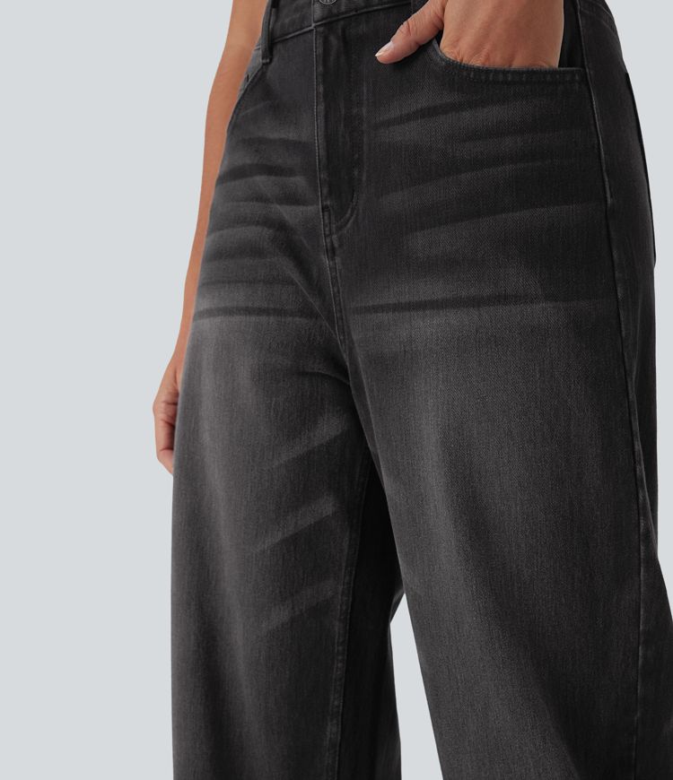 Halara Flex™ High Waisted Washed Casual Barrel Leg Jeans with Pockets