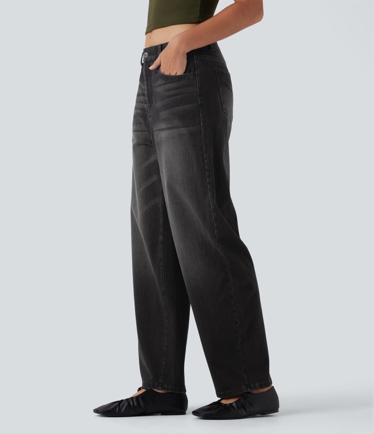 Halara Flex™ High Waisted Washed Casual Barrel Leg Jeans with Pockets