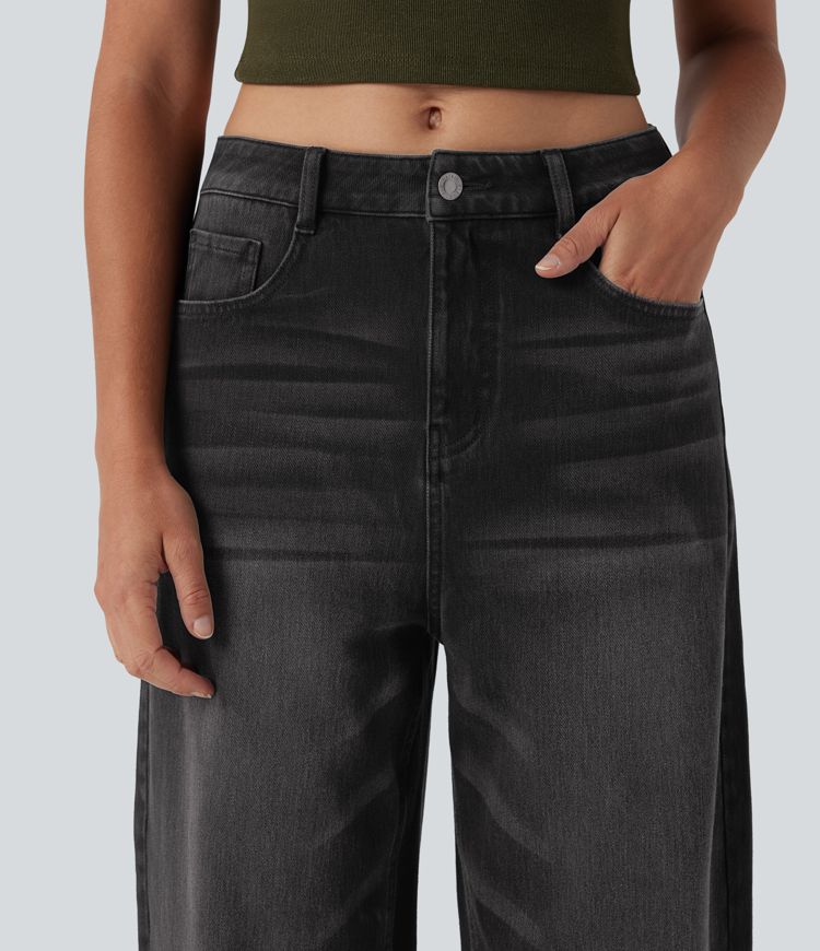 Halara Flex™ High Waisted Washed Casual Barrel Leg Jeans with Pockets