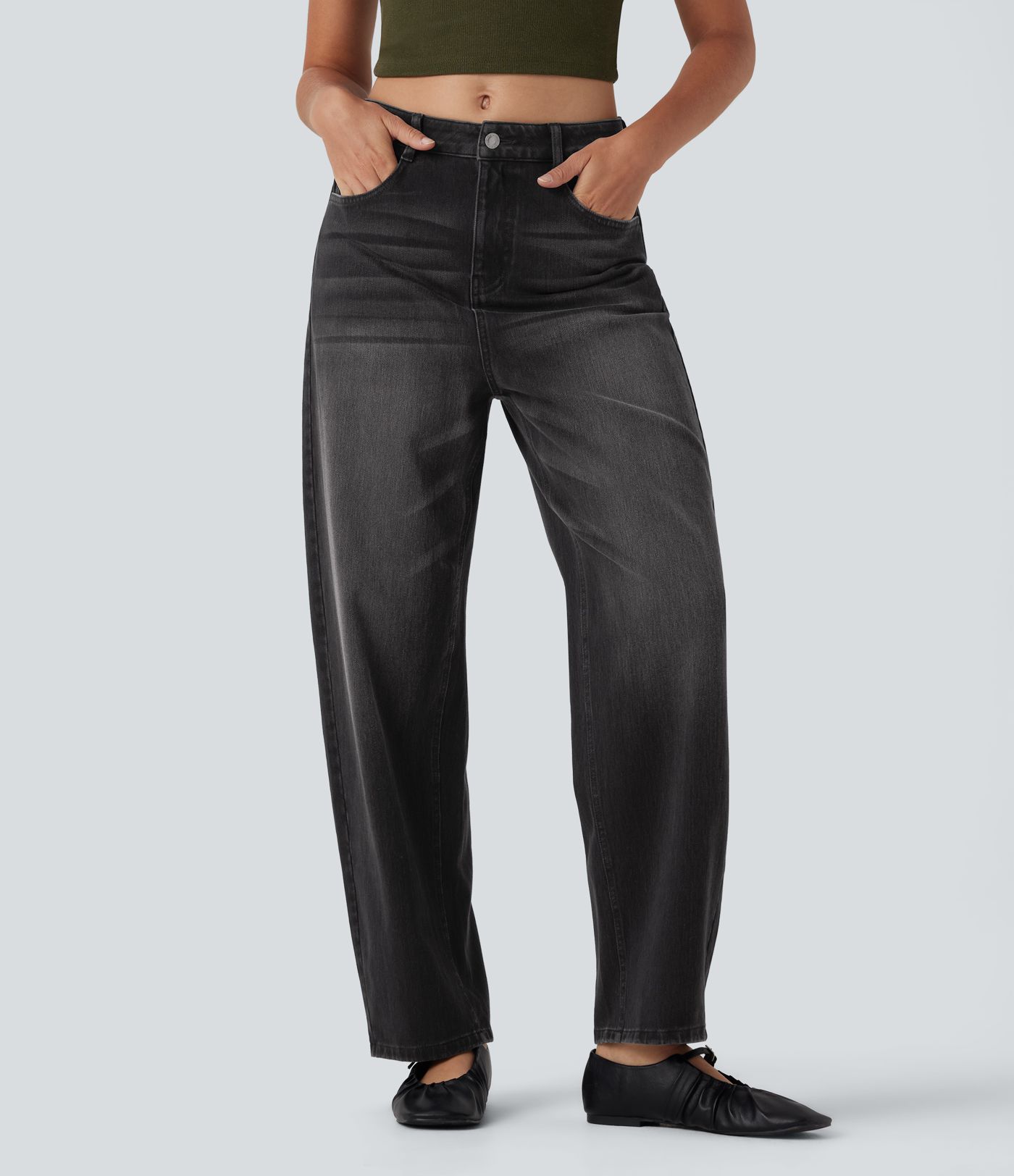 Halara Flex™ High Waisted Washed Casual Barrel Leg Jeans with Pockets