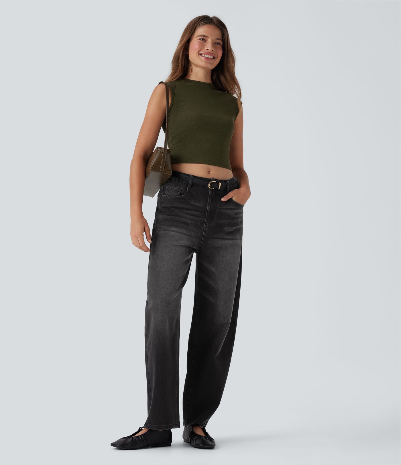 Halara Flex™ High Waisted Washed Casual Barrel Leg Jeans with Pockets