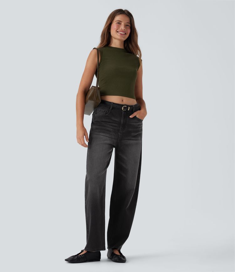 Halara Flex™ High Waisted Washed Casual Barrel Leg Jeans with Pockets