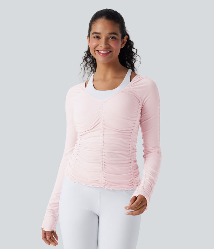 OneForm Seamless Flow Lettuce Trim Ruched Yoga Sports Top