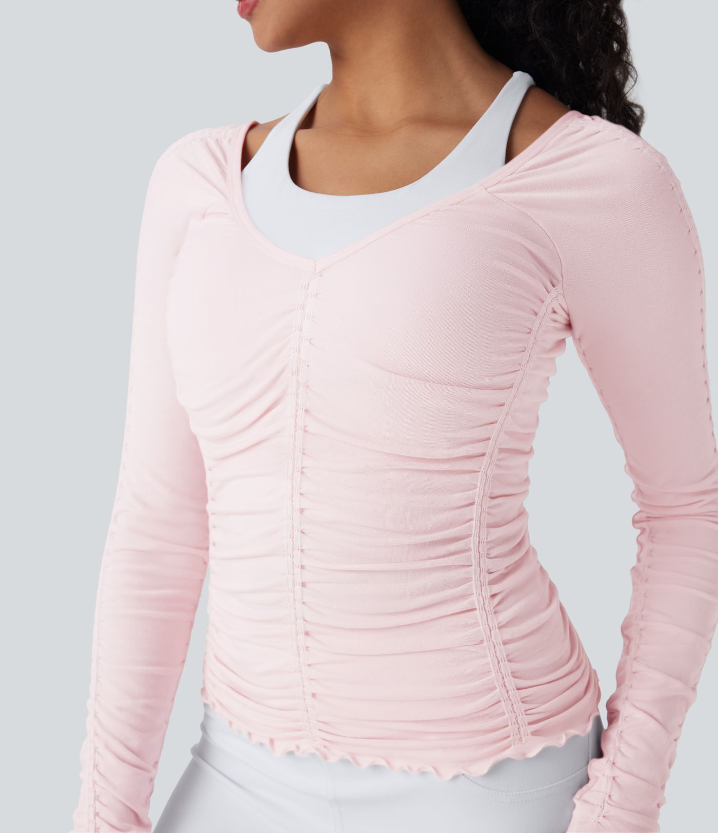 OneForm Seamless Flow Lettuce Trim Ruched Yoga Sports Top