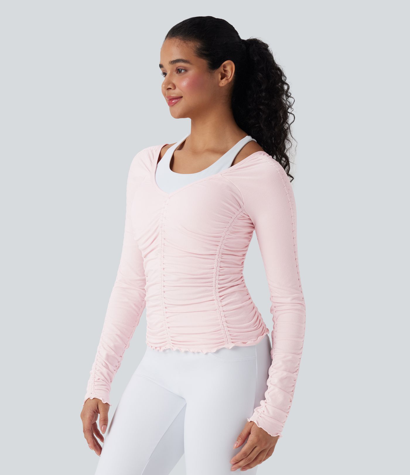 OneForm Seamless Flow Lettuce Trim Ruched Yoga Sports Top