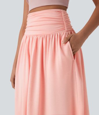 High Waisted Ruched Pocket Flowy Skirt