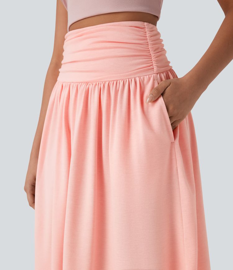 High Waisted Ruched Pocket Flowy Skirt
