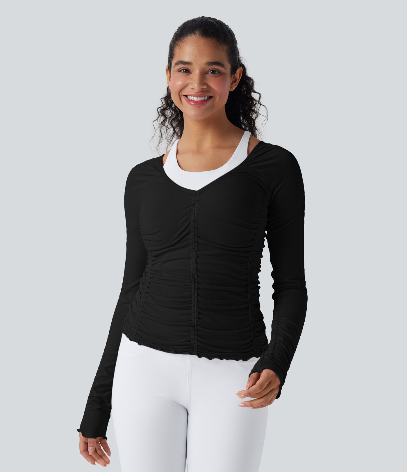 OneForm Seamless Flow Lettuce Trim Ruched Yoga Sports Top