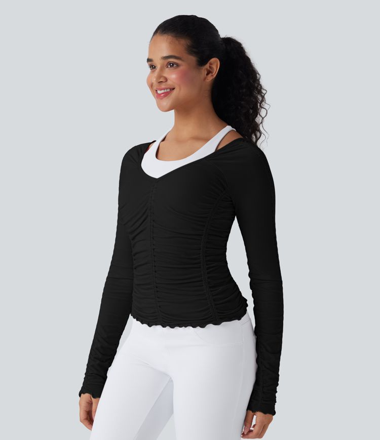 OneForm Seamless Flow Lettuce Trim Ruched Yoga Sports Top